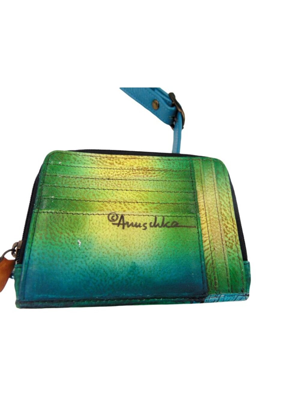 Anuschka Leather Crossbody Purse Wallet Teal Blue Feather Peacock Hand Painted - Picture 14 of 16